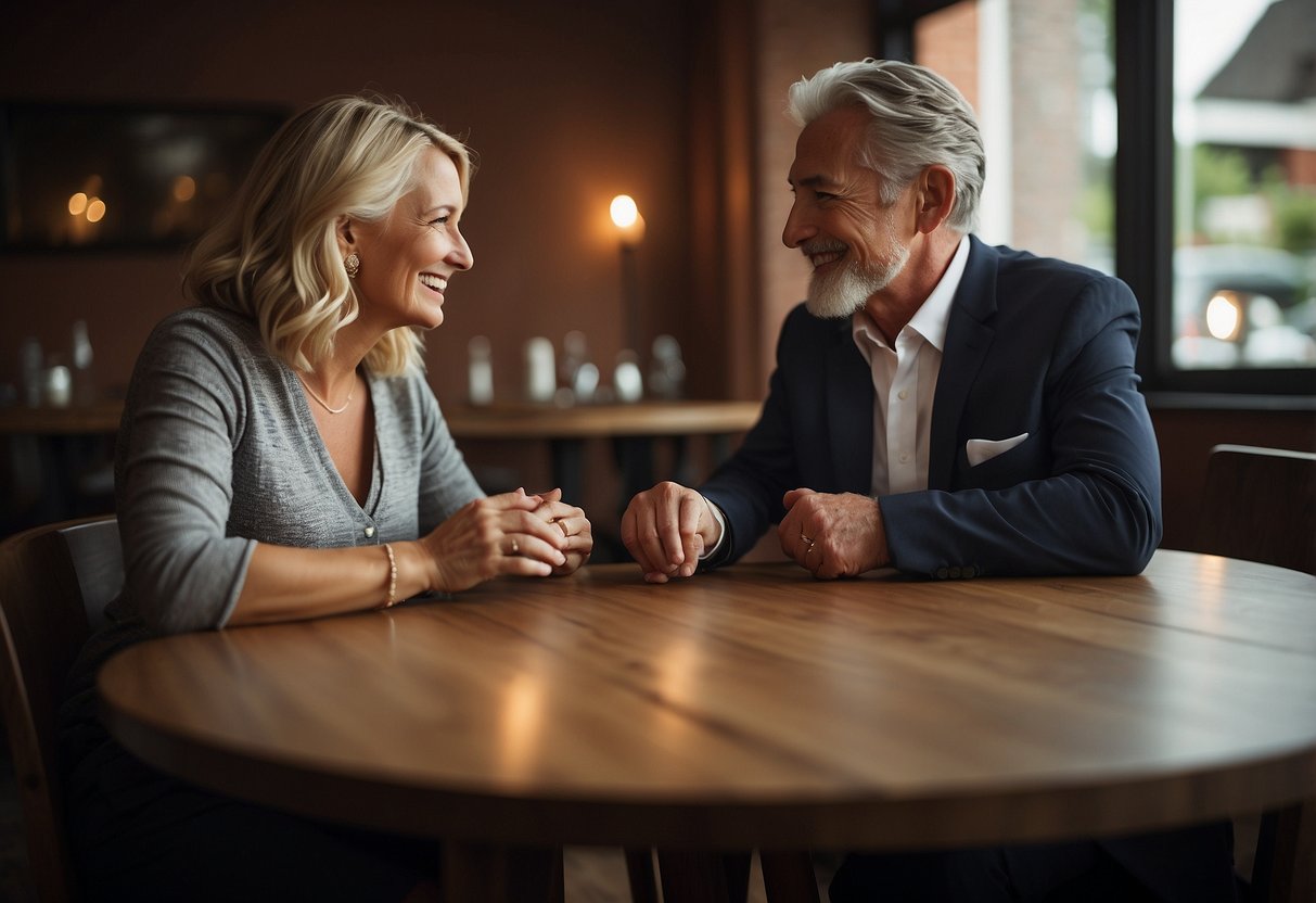 A couple with a noticeable age gap sitting at a table, engaged in deep conversation, with a wedding ring on the table