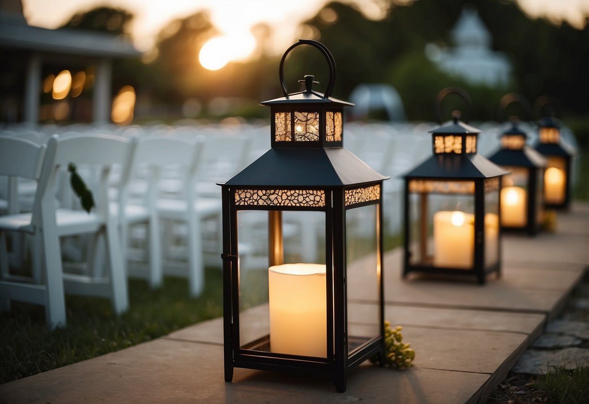 A simple outdoor wedding scene with lanterns lining the aisle for decor