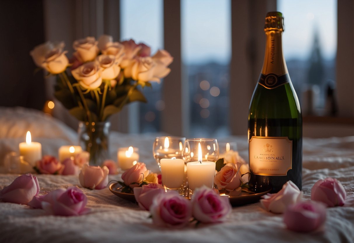 A cozy bedroom with soft lighting, scattered rose petals, and a bottle of champagne on ice. A crackling fireplace adds warmth to the room, setting the scene for a romantic evening