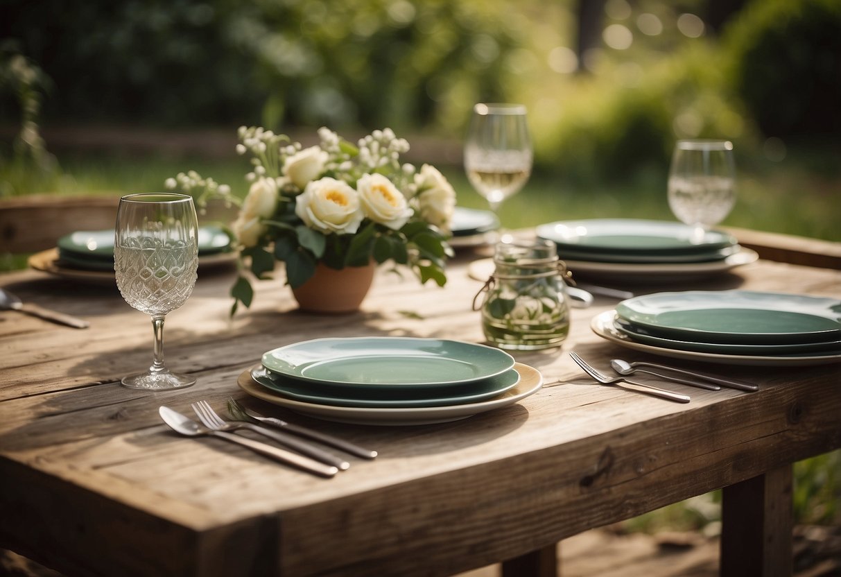 Vintage plates scattered on a rustic wooden table in a garden. Simple outdoor wedding decor with mismatched plates