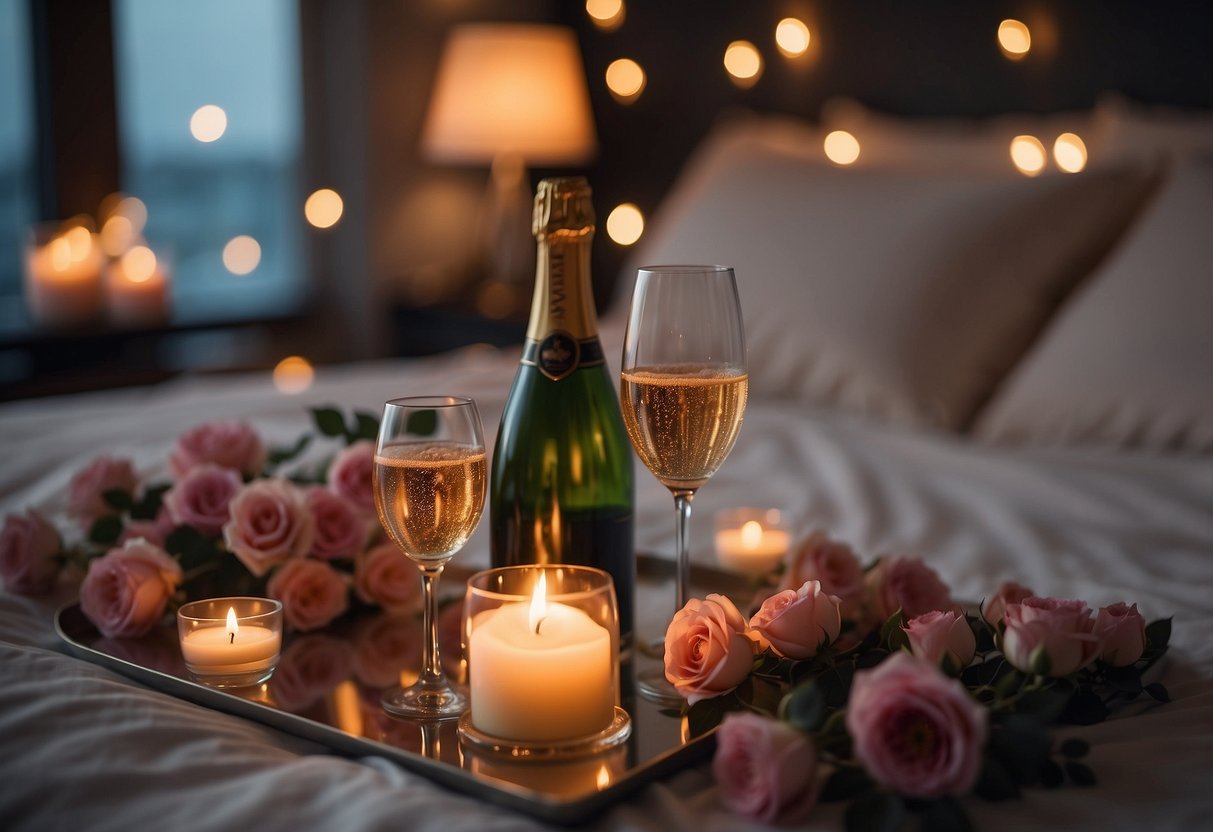 A cozy bedroom with scattered rose petals, lit candles, and a bottle of champagne on ice. A bed with silk sheets and a heart-shaped pillow