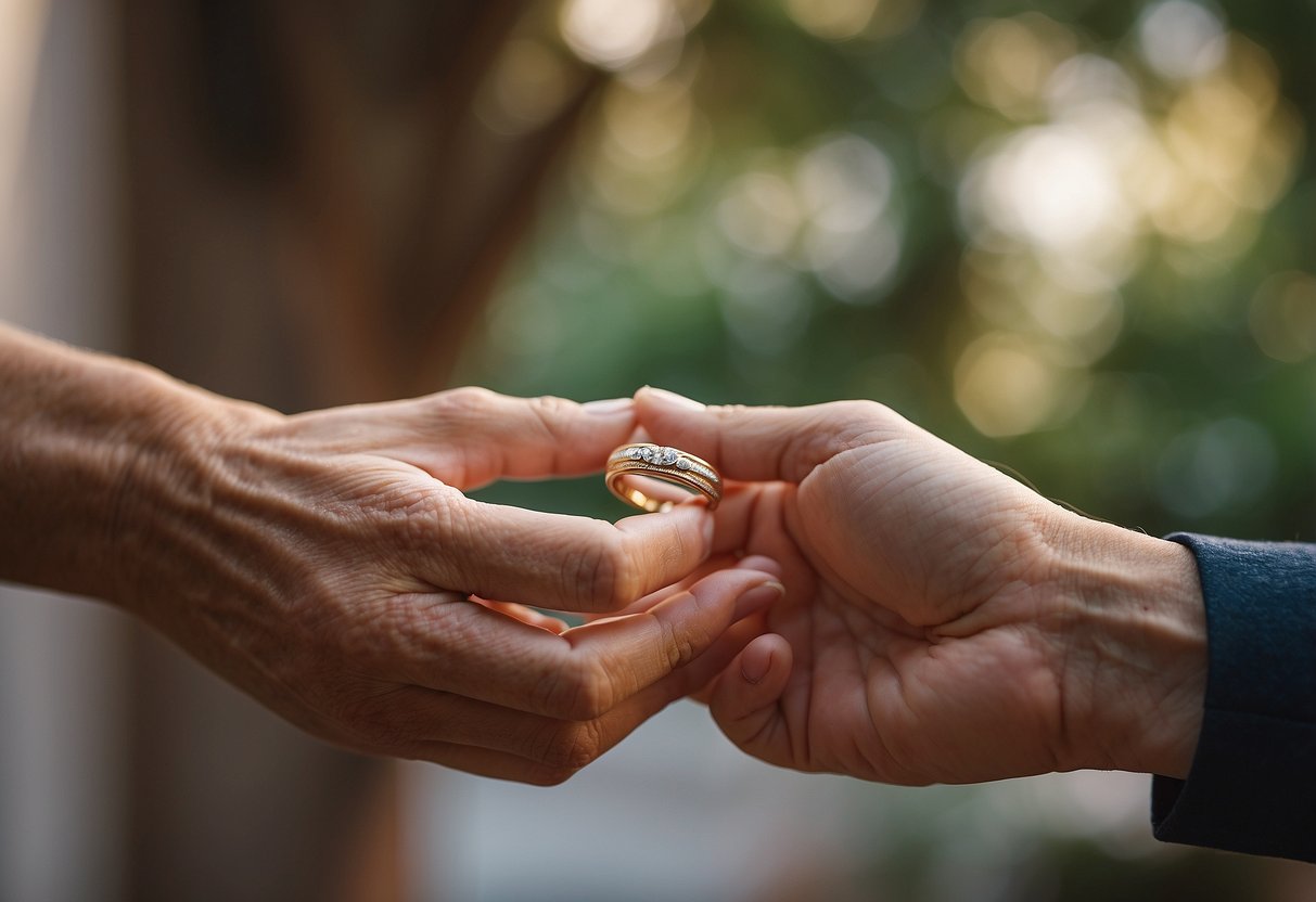 A wedding ring on a wrinkled hand next to a youthful one, symbolizing a 20-year age gap in marriage