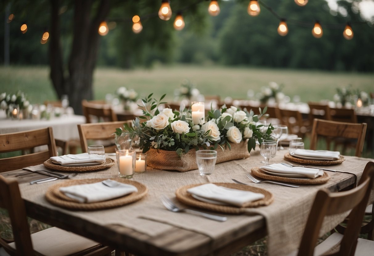 A rustic outdoor wedding scene with burlap table runners and simple decor