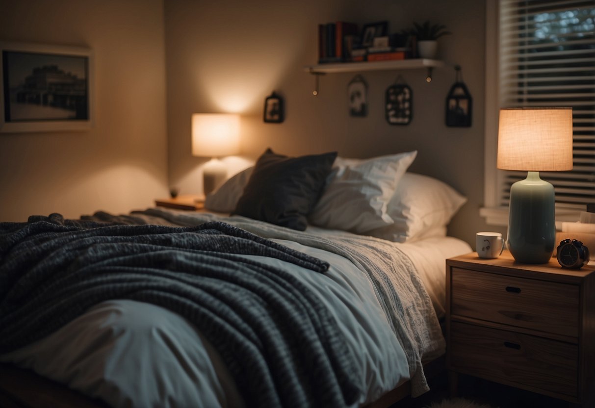 A cozy bedroom with a neatly made bed, soft lighting, and a stack of books on the nightstand. A calendar on the wall marks off days, indicating a sense of routine and familiarity