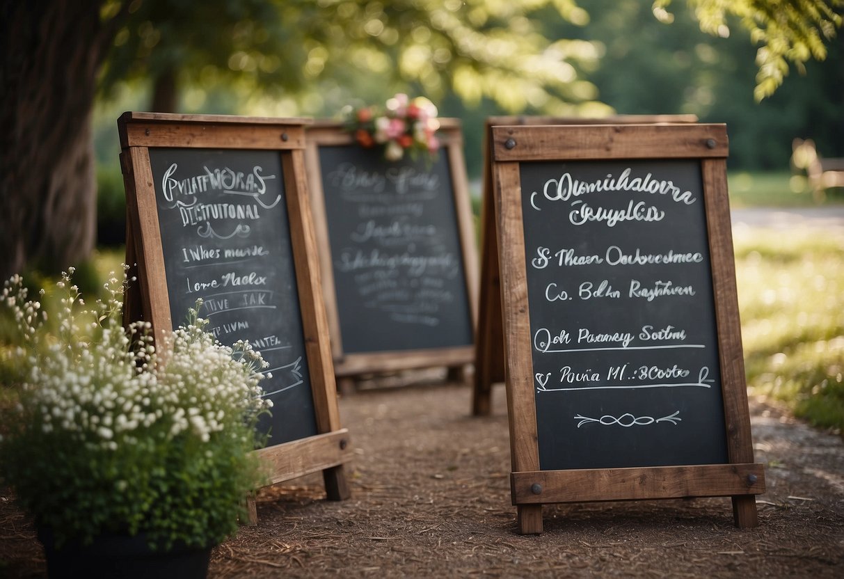 Chalkboard signs display rustic wedding ideas in an outdoor setting