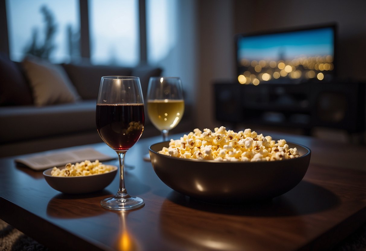 A cozy living room with a dimly lit TV, a bowl of popcorn, and two wine glasses on the coffee table. A blanket is draped over the couch, and a stack of DVDs sits nearby