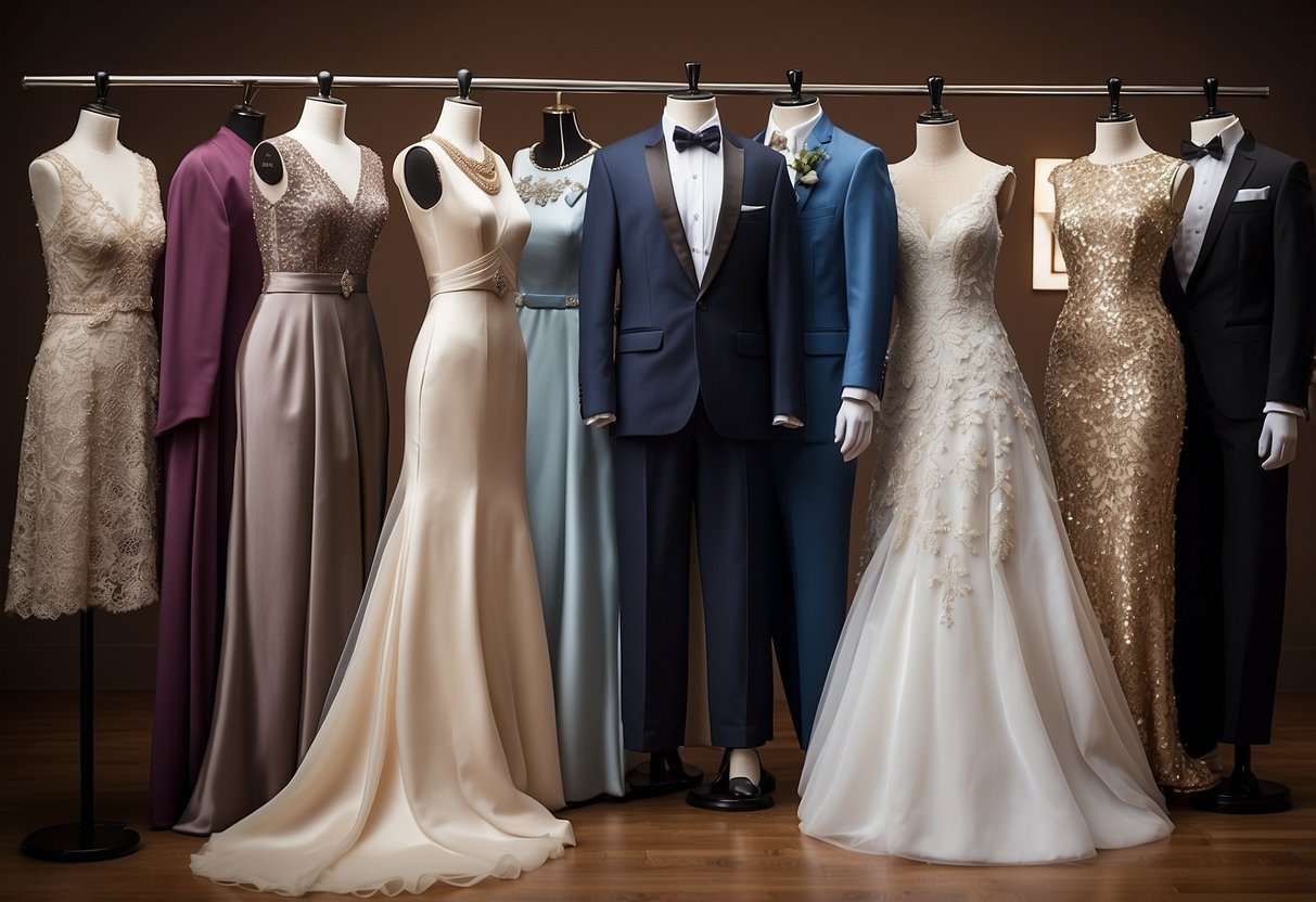 A table displays various pre-wedding outfit options, including elegant dresses, tailored suits, and traditional attire. Accessories such as jewelry, shoes, and bow ties are carefully arranged alongside the garments