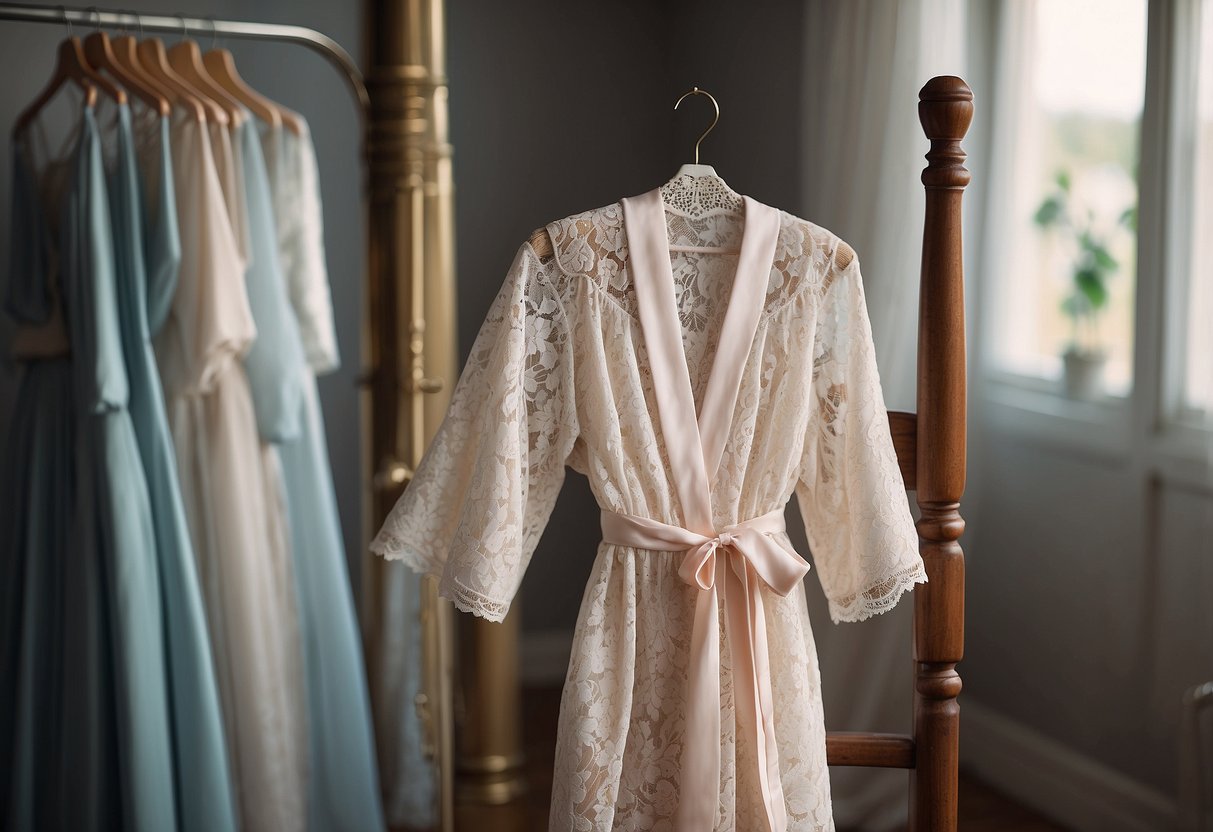 An elegant lace bridal robe hangs from a vintage hanger, draped over a chair with delicate lace details and soft pastel colors