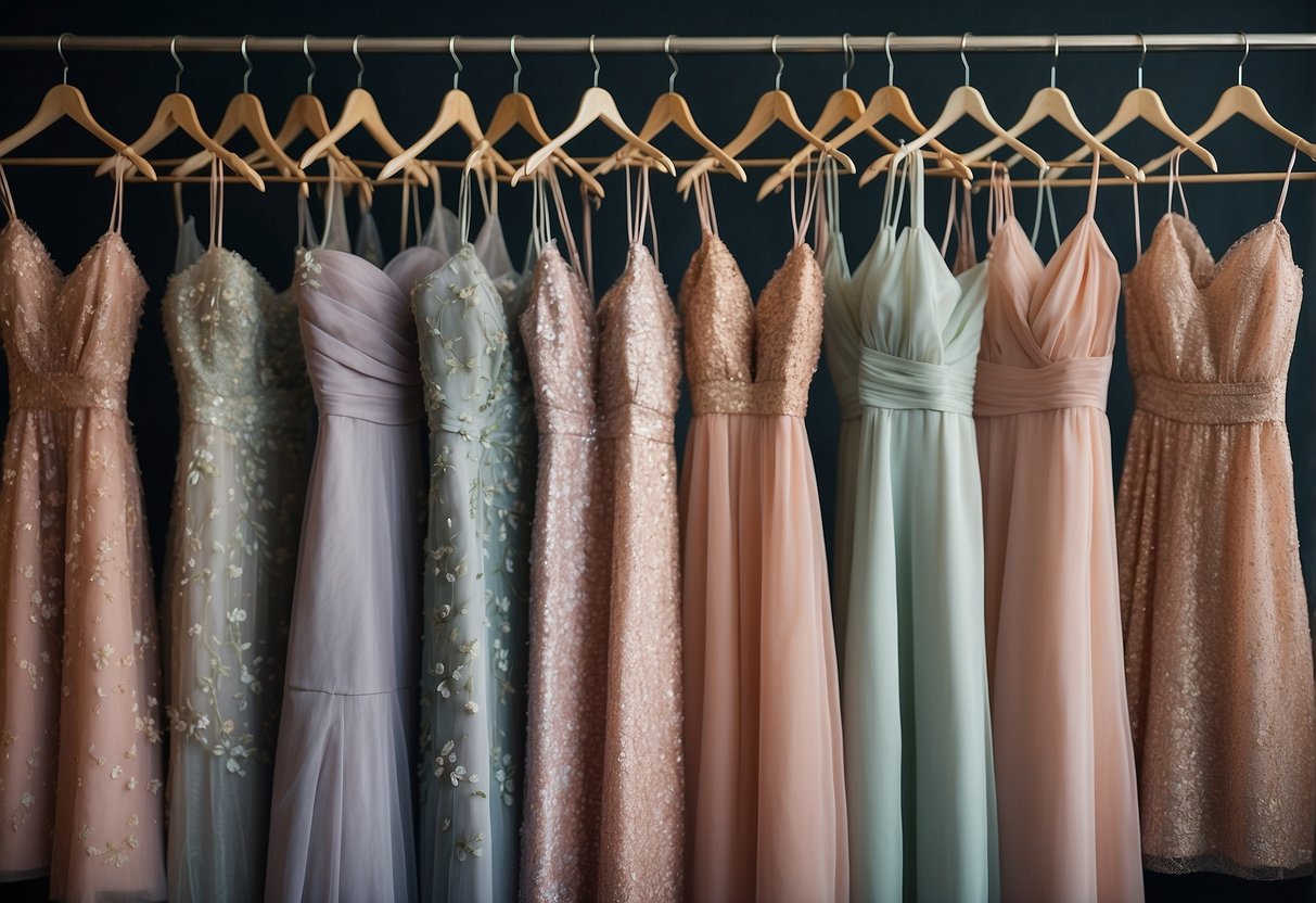 A group of pastel floral bridesmaid dresses hanging on a clothing rack, ready for the upcoming wedding