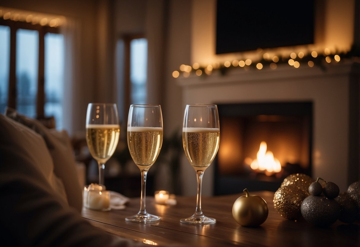 A cozy living room with dim lighting, champagne glasses, and a crackling fireplace. A clock strikes midnight as two figures embrace in a tender kiss