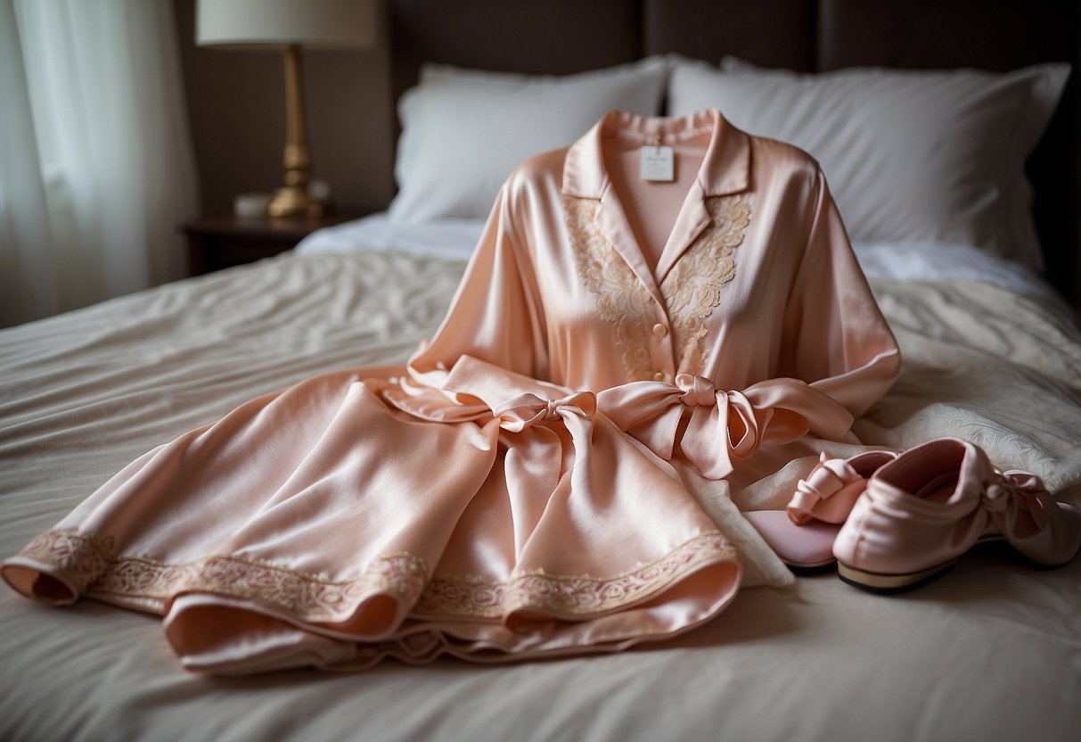 A silk pajama set laid out on a neatly made bed, with a delicate lace trim and matching silk slippers placed neatly beside it