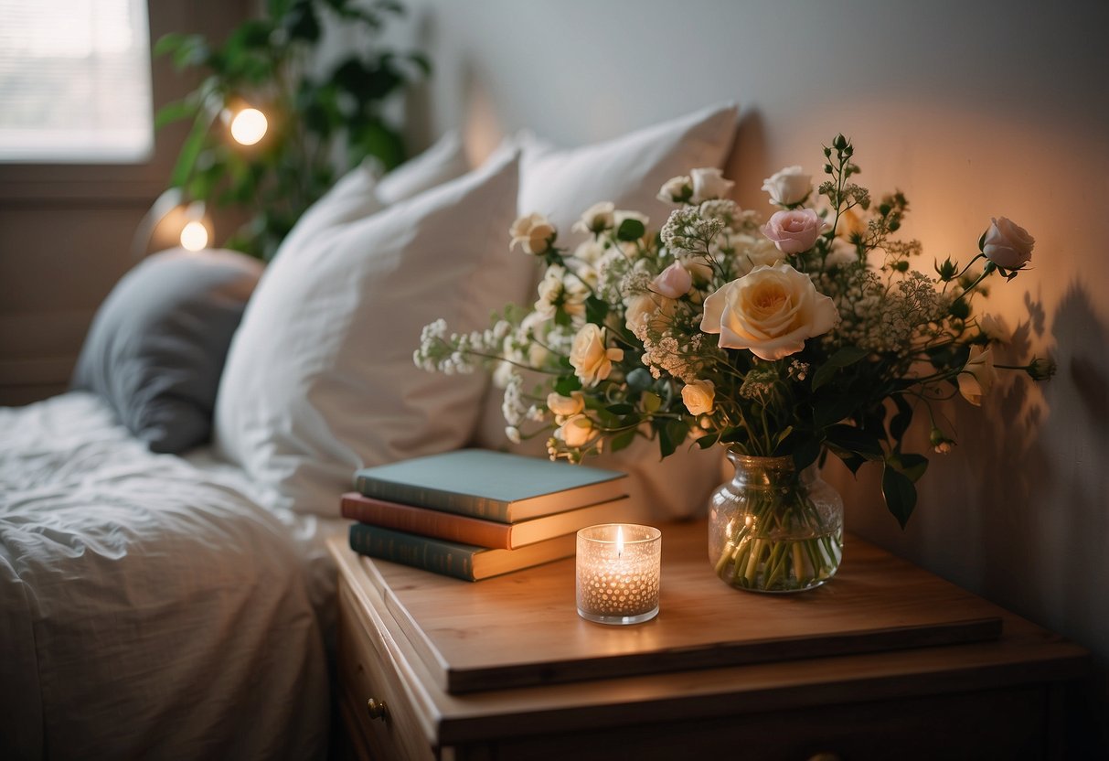 A cozy bedroom with a neatly made bed, soft lighting, and a warm color scheme. A stack of books on the nightstand and a vase of fresh flowers add to the inviting atmosphere