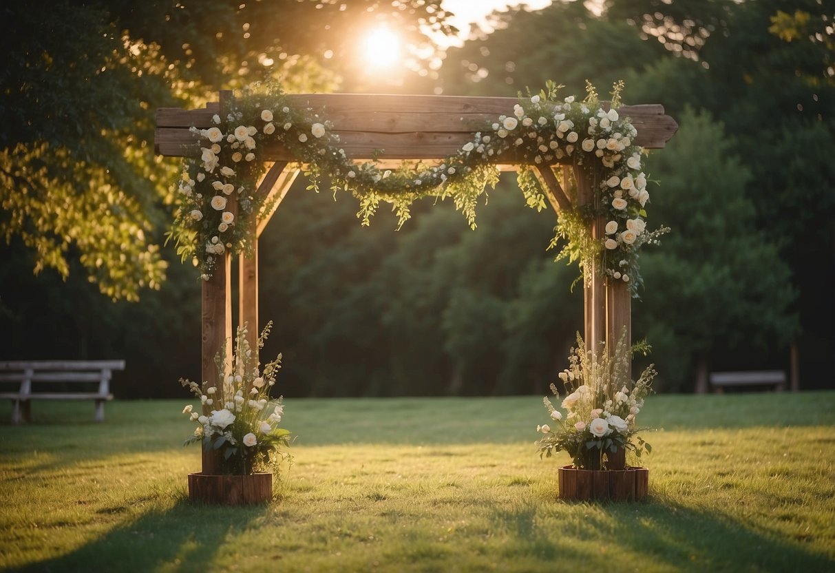 A rustic wooden arbor adorned with fresh flowers stands at the center of a grassy clearing. String lights are hung overhead, casting a warm glow over the simple outdoor wedding setup