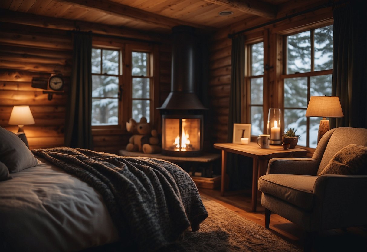 A cozy cabin nestled in the woods, with a crackling fireplace and a plush, inviting bed. A soft glow from the bedside lamp creates a warm and intimate atmosphere