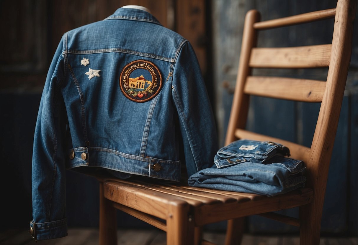 A denim jacket draped over a rustic wooden chair, adorned with personalized embroidery and patches. Surrounding it are other customizable pre-wedding clothing items