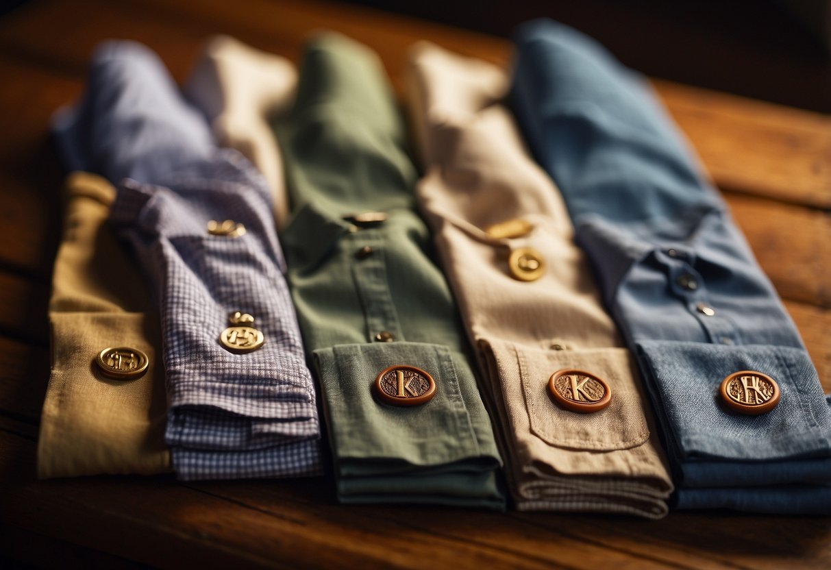 A row of neatly folded monogrammed button-down shirts on a wooden table, with soft lighting casting a warm glow on the fabric