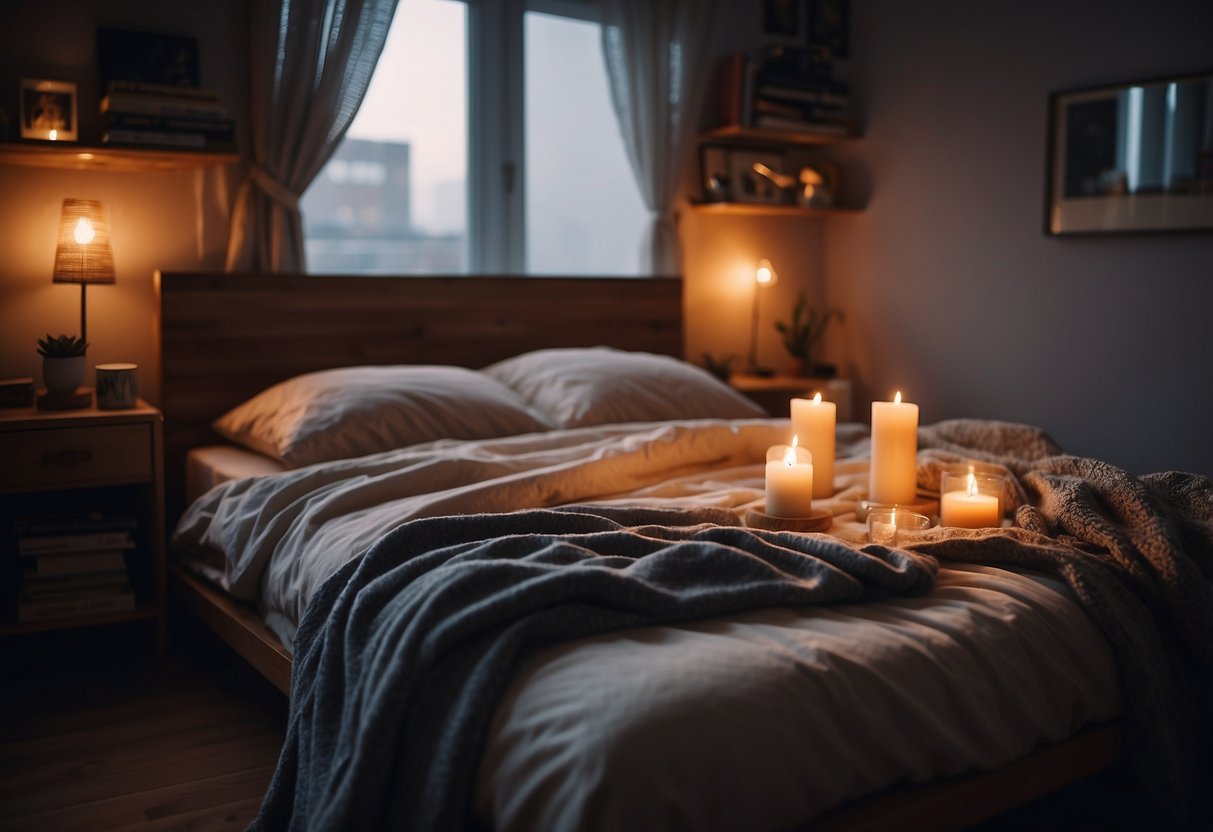 A cozy bedroom with a disheveled bed, scattered clothes, and dimly lit candles, hinting at intimacy and romance