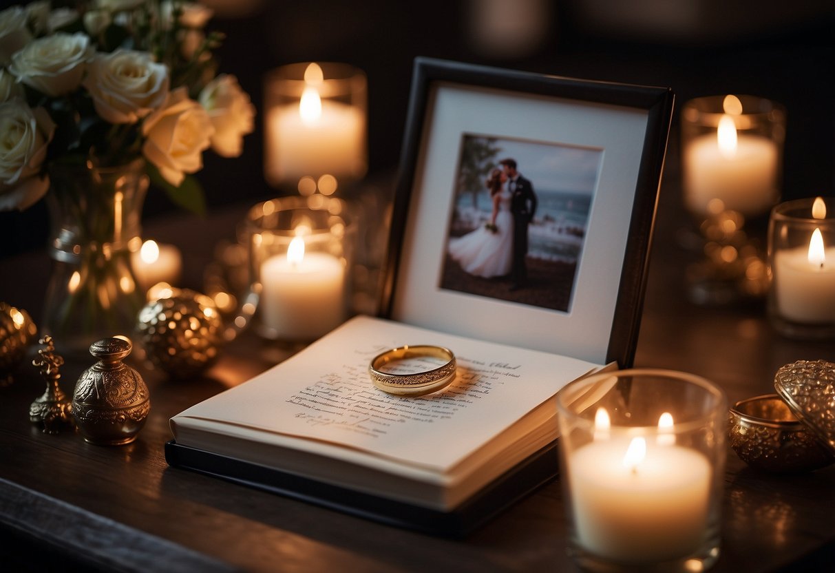 A table adorned with a guest book, photo album, and personalized wedding favors. A soft candlelight glow highlights the keepsakes