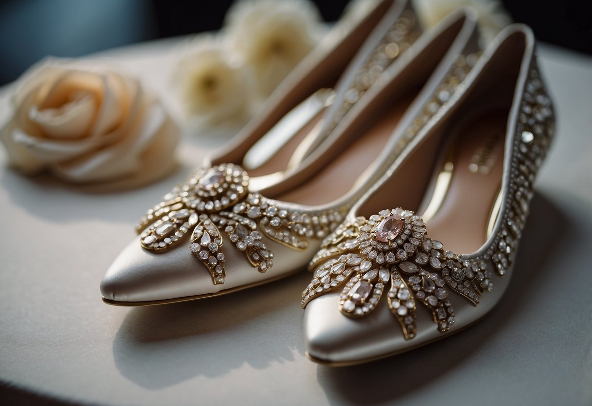 A pair of embellished flats surrounded by wedding attire and accessories, arranged neatly on a table or display