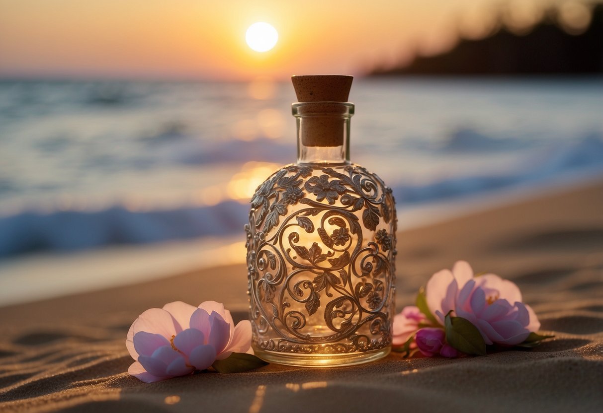 A glass bottle with a scroll inside, adorned with ribbons and flowers, sits on a sandy beach at sunset