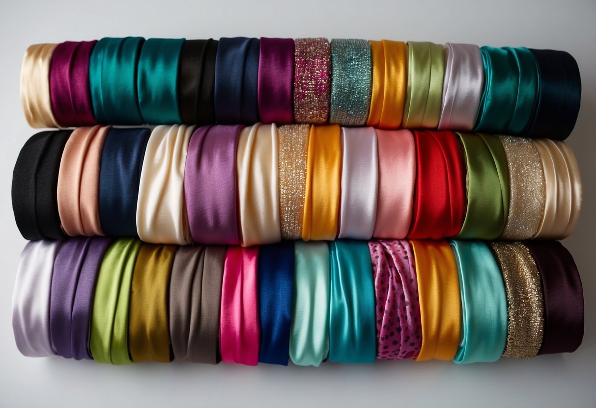 A collection of satin hair wraps in various colors and patterns displayed on a table, with soft lighting highlighting their luxurious texture