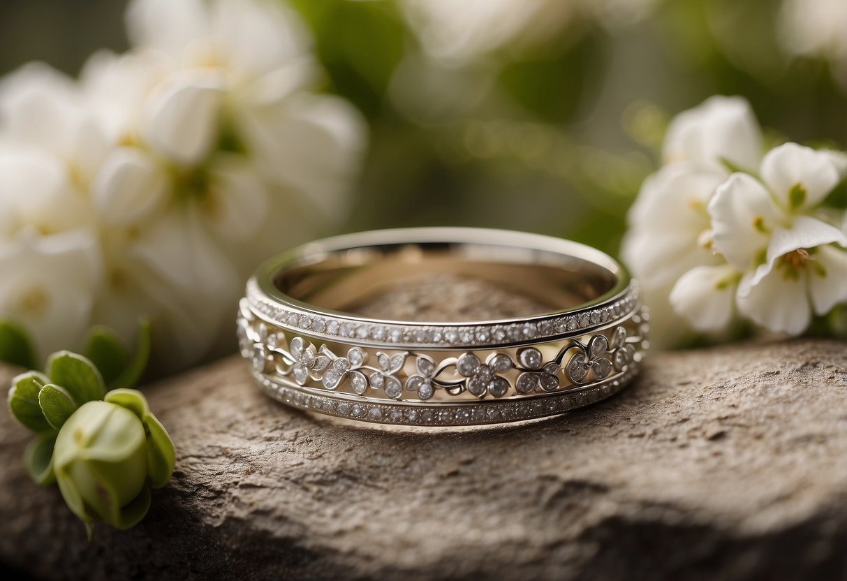 Two wedding bands with custom engravings, surrounded by delicate flowers and elegant lace, symbolizing love and commitment