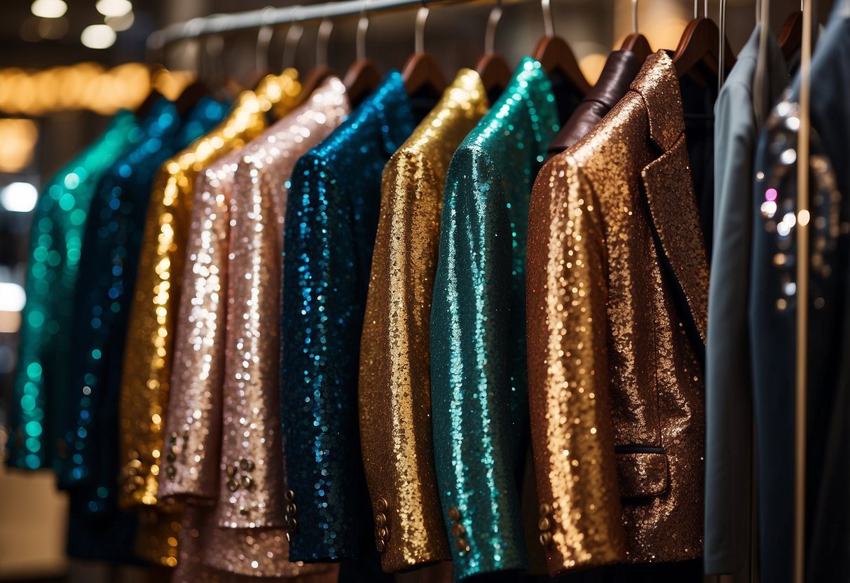 A rack of sequin blazers in various colors and styles, arranged neatly in a boutique window display