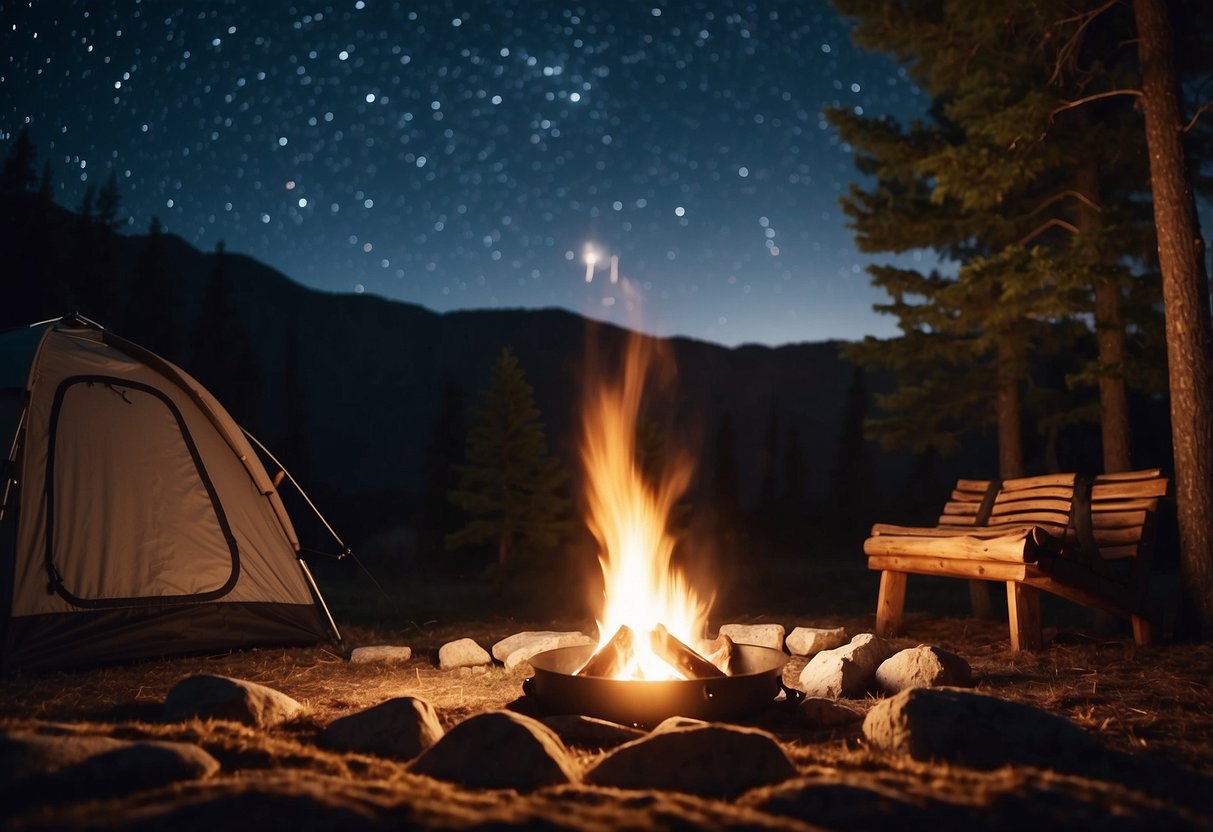 A cozy campsite with a crackling fire, a tent pitched nearby, and a starry night sky above