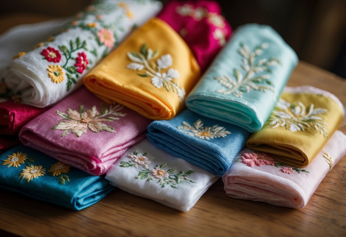 Colorful embroidered handkerchiefs arranged on a table with lace and floral patterns