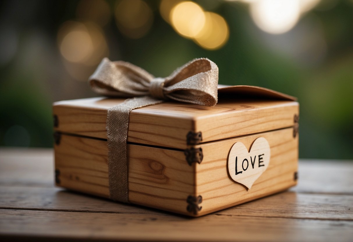 A wooden box with "Love Letters" engraved on the lid, filled with handwritten notes and tied with a ribbon