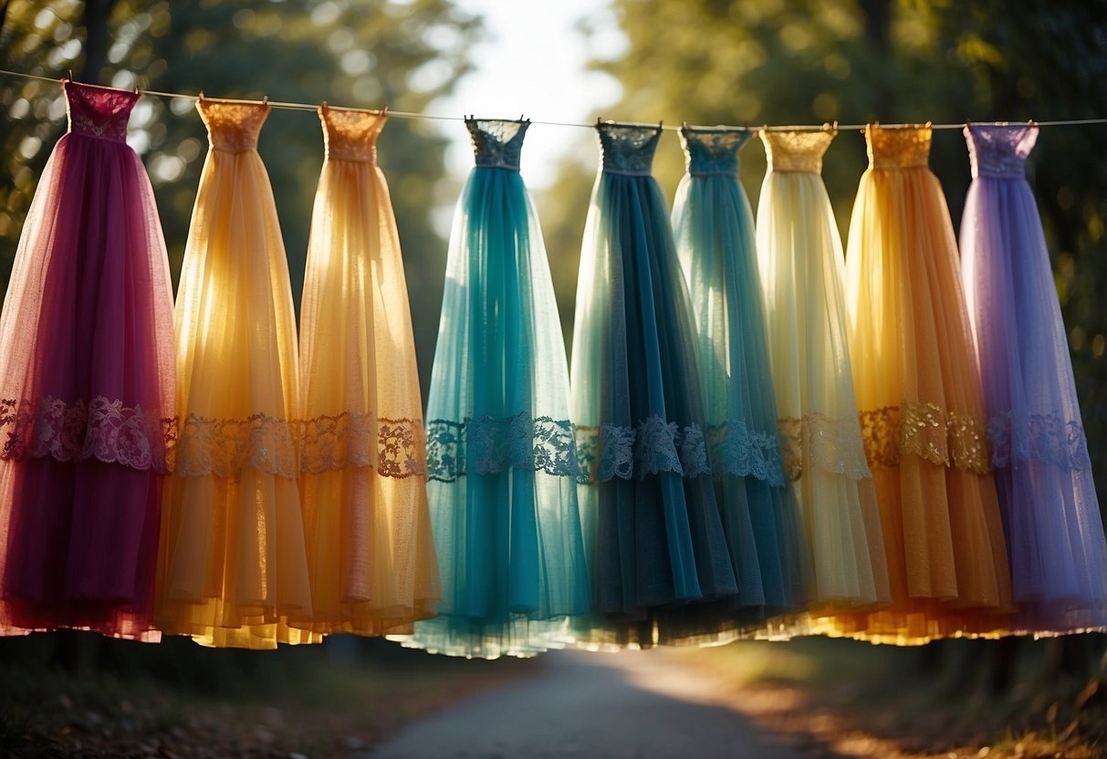 A row of colorful tulle skirts hanging on a clothesline, swaying gently in the breeze, with delicate lace and sequin details catching the sunlight