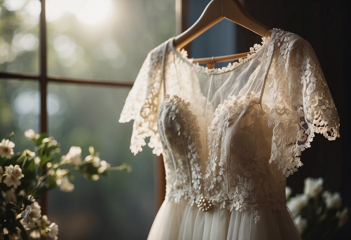 A wedding dress hanging on a vintage hanger, surrounded by delicate lace and floral details. Soft lighting creates a romantic atmosphere