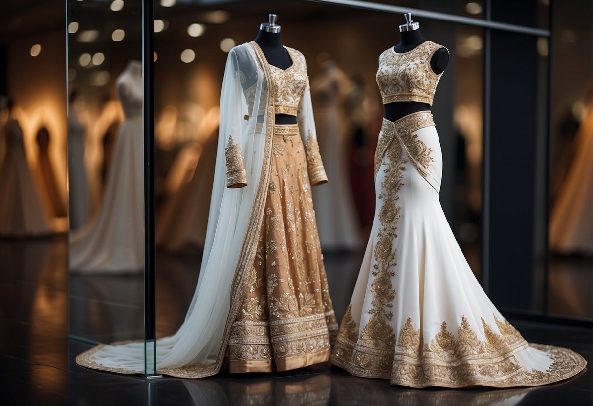 A split image of a traditional Indian sari and a modern white wedding gown, side by side on a display stand