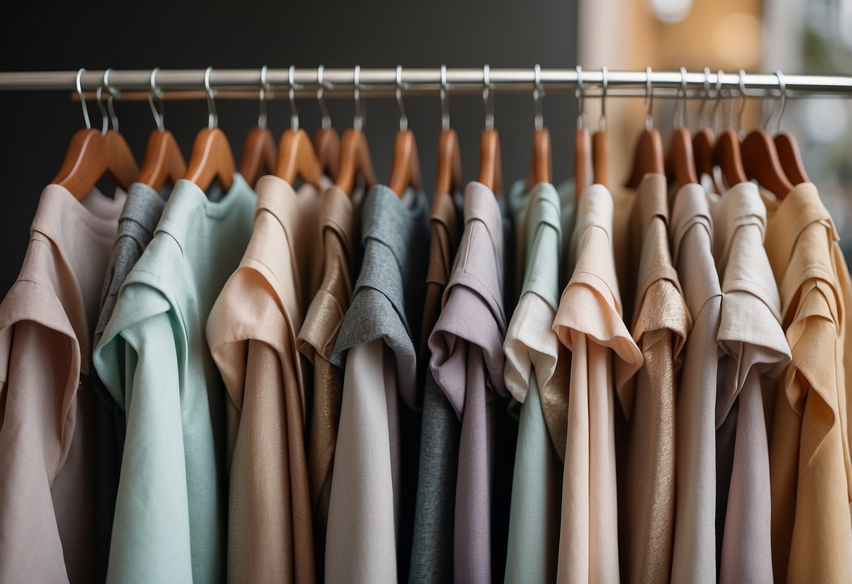 A palette of pastel and neutral colors arranged on a clothing rack, with swatches and fabric samples for pre-wedding outfit inspiration