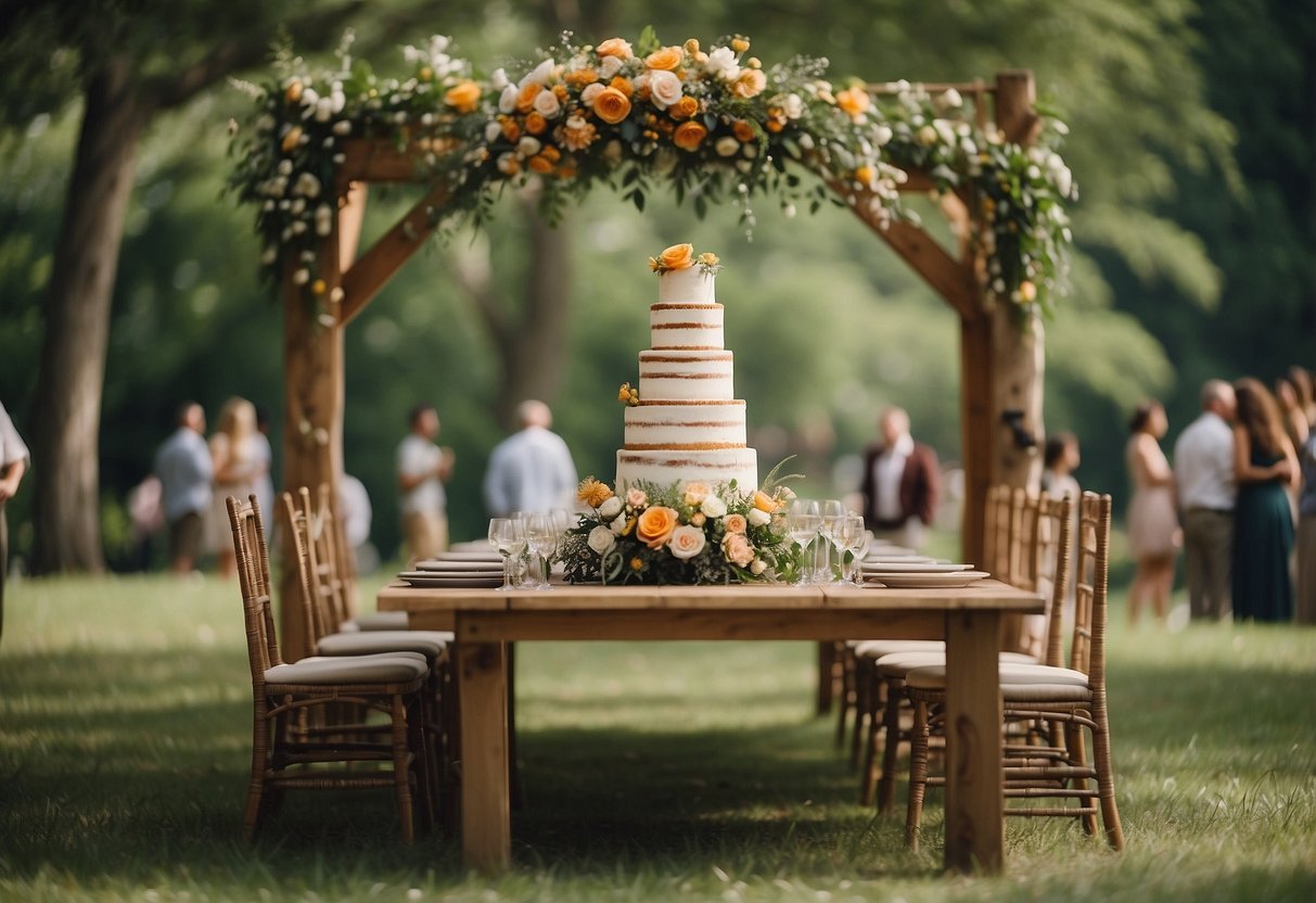 A simple outdoor ceremony with wildflower decorations and a homemade cake. A small gathering of family and friends under a canopy of trees