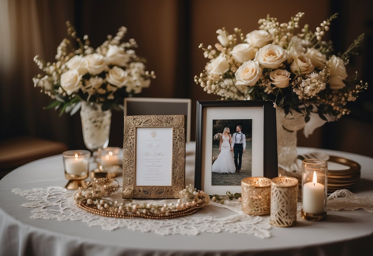 A table set with wedding keepsakes: a guest book, personalized champagne flutes, and a framed photo. A bouquet of dried flowers and a lace garter complete the scene