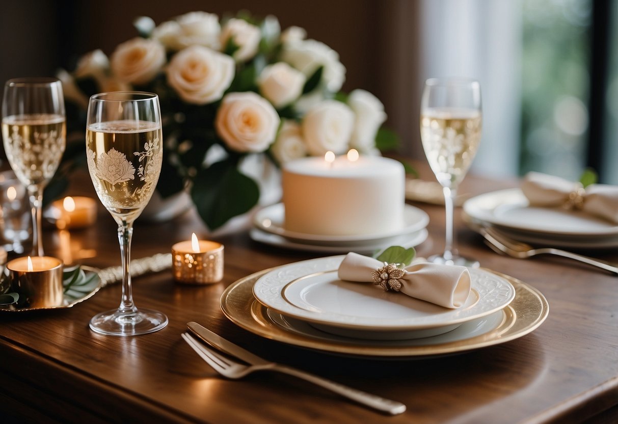 A table adorned with personalized wedding keepsakes: engraved champagne flutes, custom cake topper, and monogrammed guest book