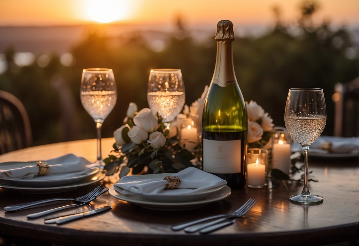 A romantic dinner setting with a table for two adorned with candles, flowers, and elegant tableware. A bottle of champagne chilling in an ice bucket and a beautiful sunset in the background