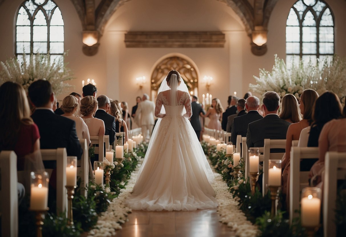 A lone figure walks down the aisle, radiating strength and grace. The space is filled with an atmosphere of anticipation and love