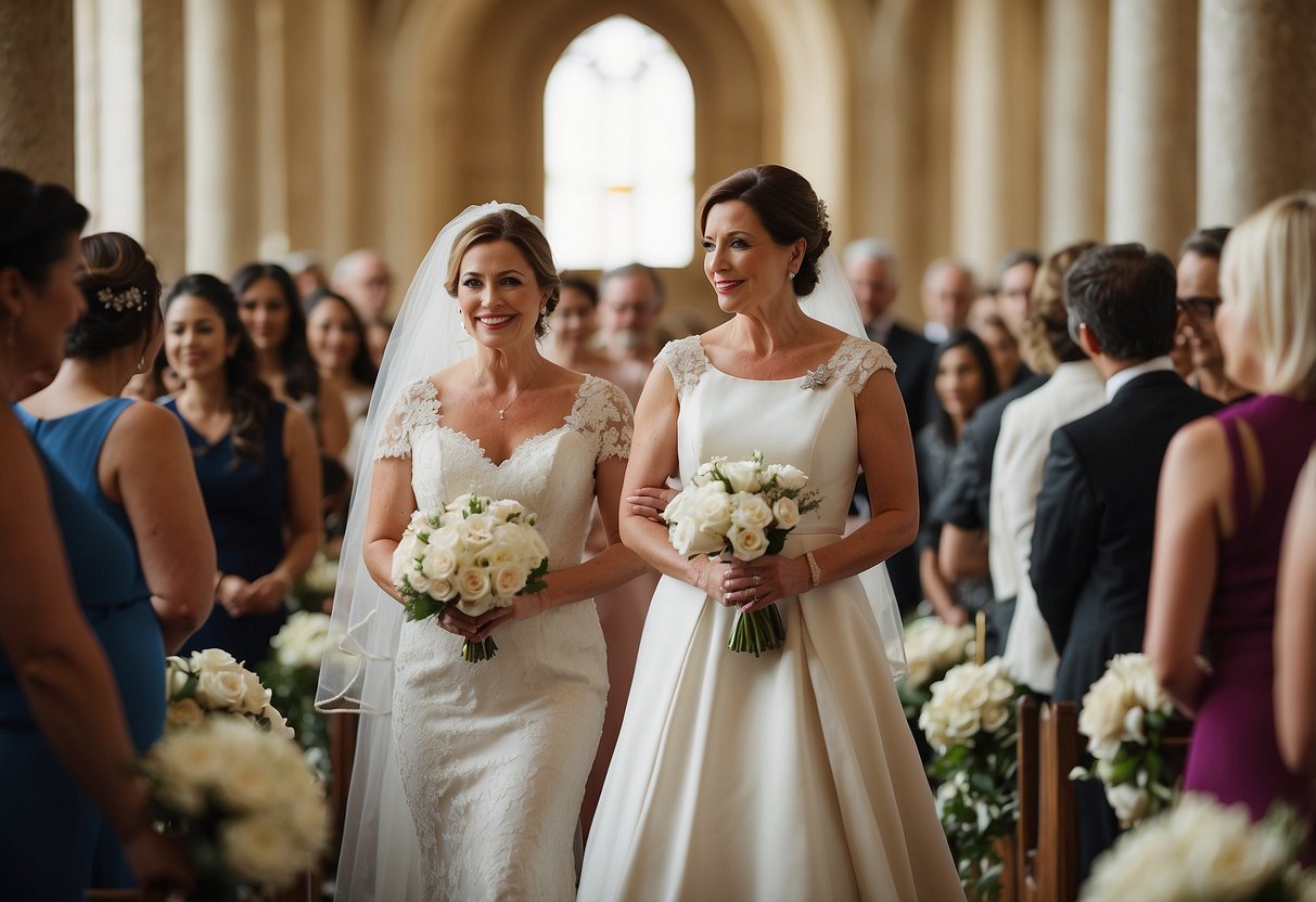 The bride's mother confidently walks down the aisle alone, discussing with the bride