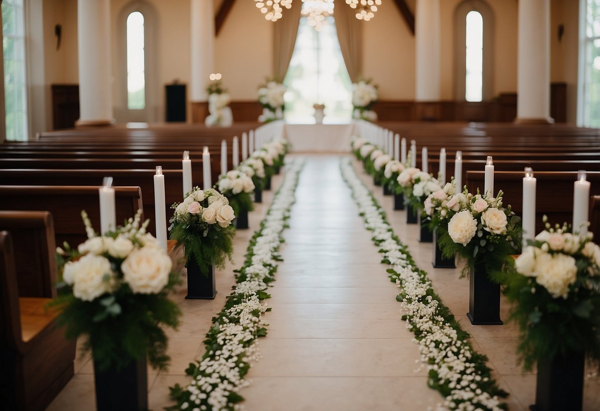 Aisle leading to altar, with seating on both sides. Clear path for mother of the bride to walk alone