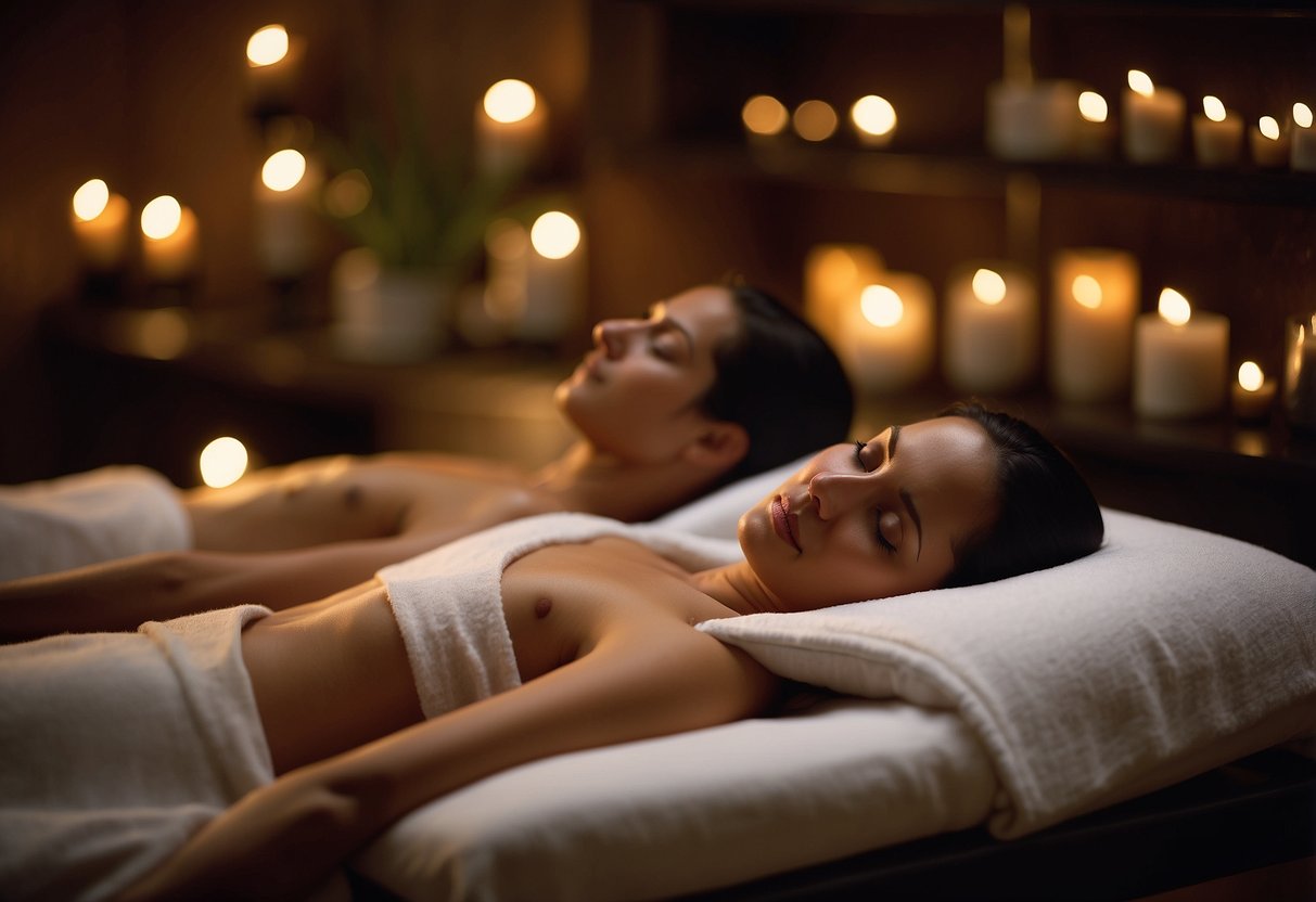 A couple lies side by side on massage tables, surrounded by soft candlelight. Aromatherapy scents fill the air as two massage therapists work in tandem, creating a serene and intimate atmosphere