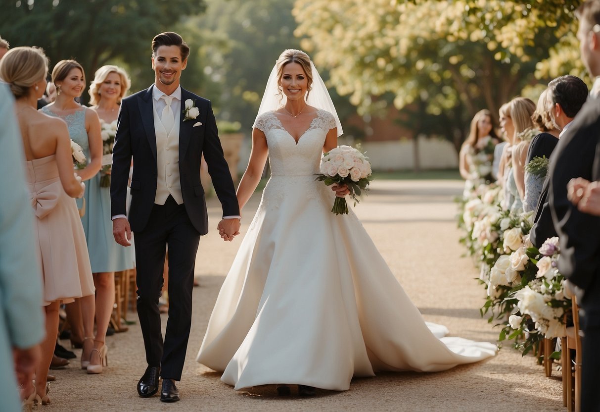 A mother of the bride walks confidently down the aisle alone, coordinating with the wedding planner