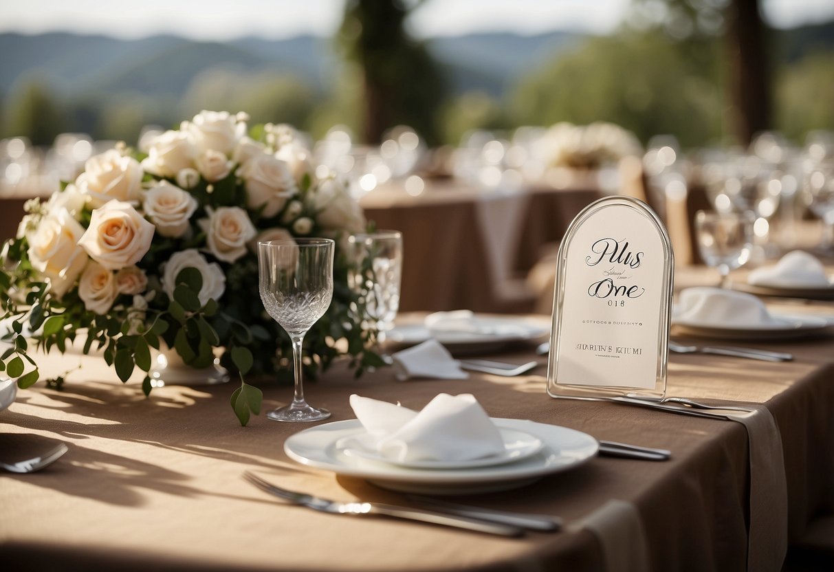 A single chair at a wedding table, with a place setting and a card indicating "plus one" left empty