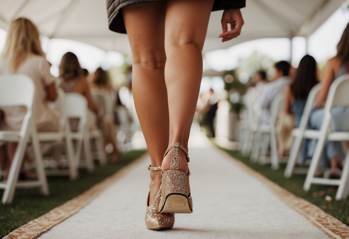 A figure in heels walks confidently down the aisle alone