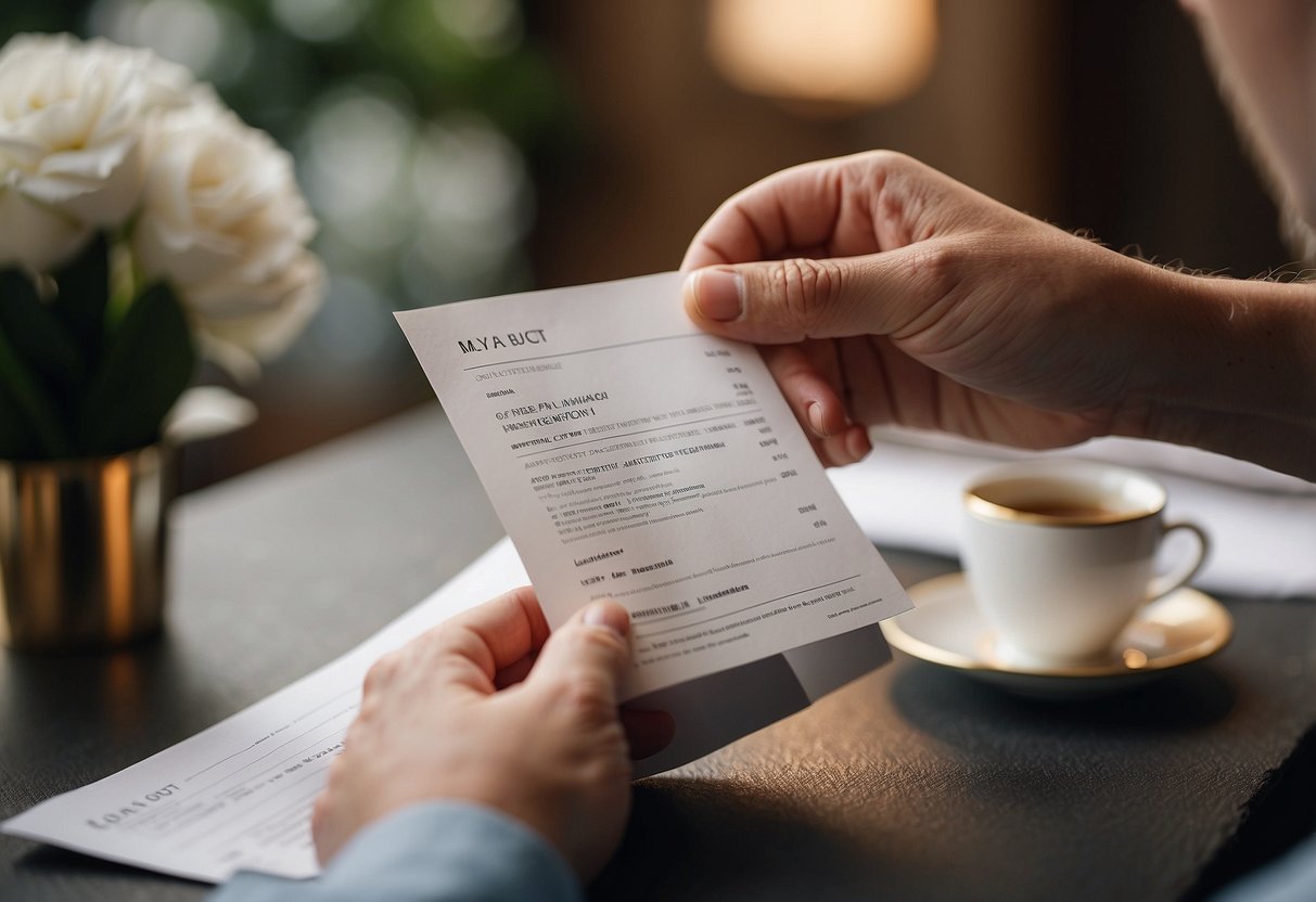 A person holding a wedding invitation with a plus one option crossed out, while looking at a list of budget expenses