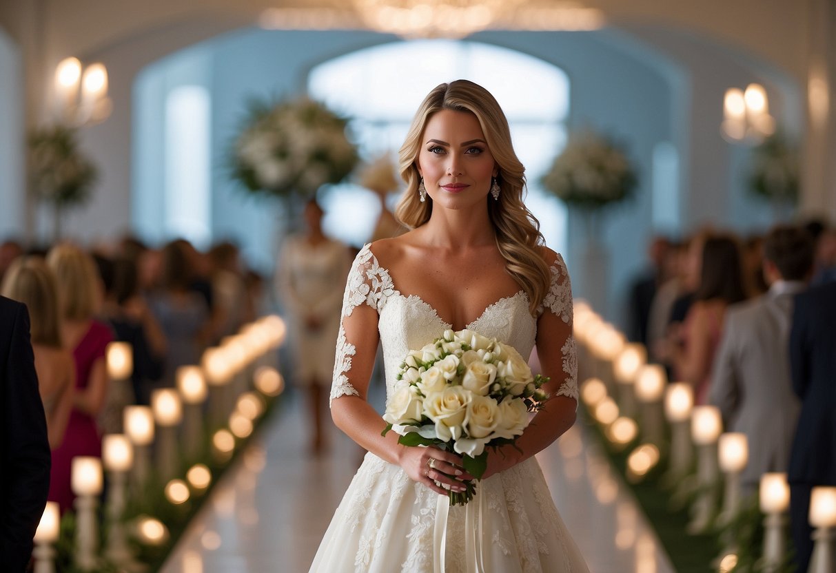 A lone figure stands at the entrance, poised to walk down the aisle. The lighting highlights her presence as she takes her first steps forward