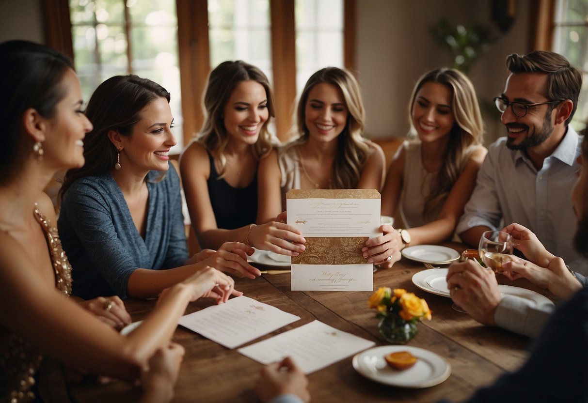 A group of close friends and family gathered around a wedding invitation, discussing the etiquette of not providing a plus one