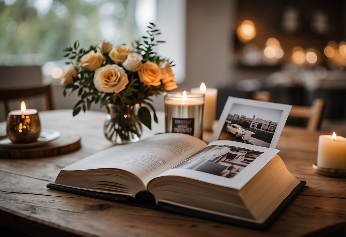 A personalized photo album sits open on a table, filled with memories from 12 years of marriage. A vase of flowers and a candle add a romantic touch