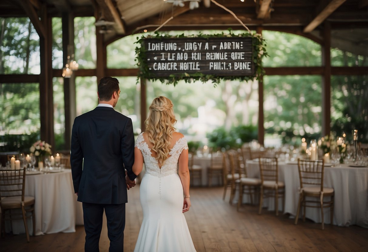 A wedding venue with a sign displaying capacity limits. A couple discussing whether it's rude to not give a plus one